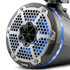 DS18 HYDRO CF-X6TPNEO 6.5" Marine Water Resistant Wakeboard Tower Neodymium Speaker with Built-in passive Radiator Bass Enhancer, 1" Driver and RGB LED Light 450 Watts - Black Carbon Fiber